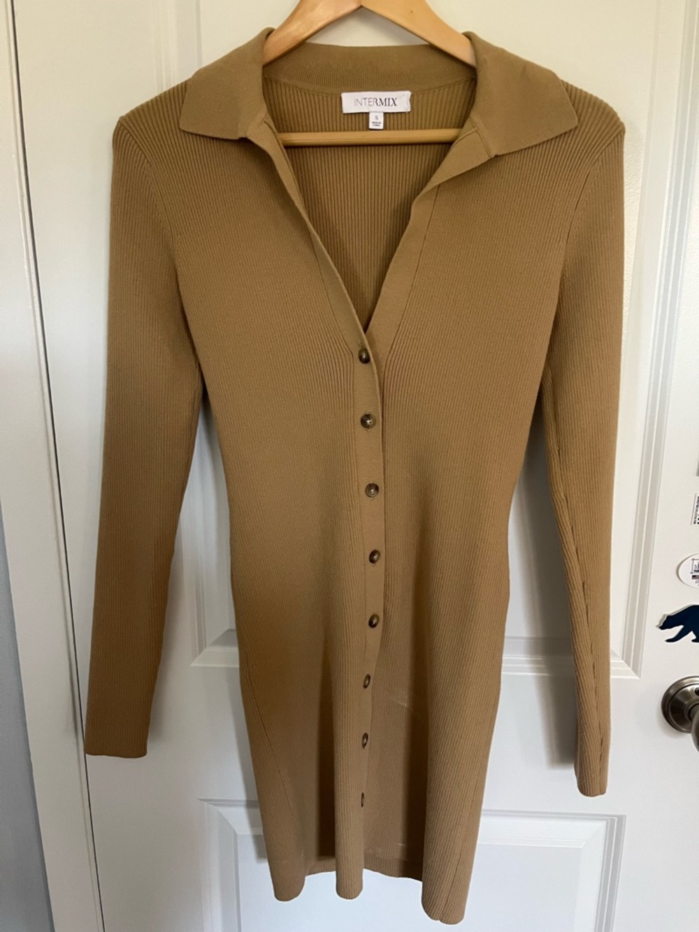 INTERMIX Camel Ribbed Button-Down Long Sleeve Collared Dress